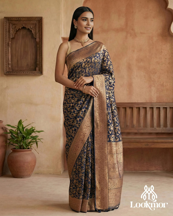 Lookmor Navy Blue Banarasi Silk Saree with Heavy Golden Zari Floral Work #181 | Premium Wedding & Festive Designer Saree for Women