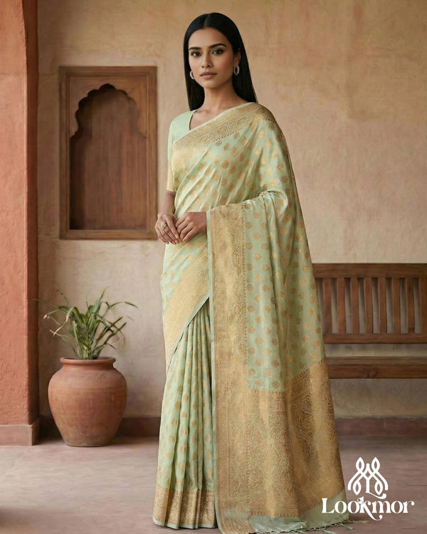 Lookmor Mint Green Banarasi Silk Saree with Golden Zari Work