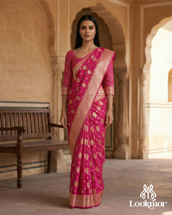 Lookmor Rani Pink Banarasi Silk Saree with Rich Golden Zari Motifs #105 | Premium Wedding & Festive Wear Saree for Women