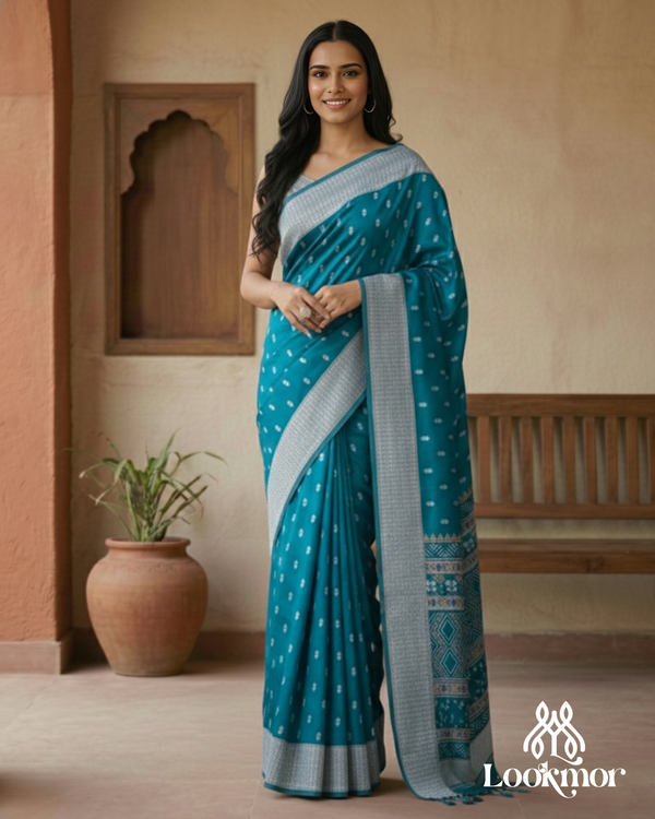 Lookmor Teal Printed Silk Saree with Silver Border #174